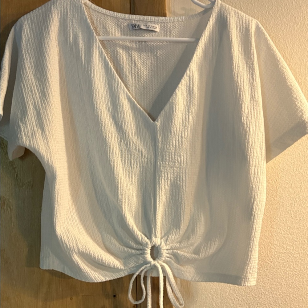 Zara Cream Ribbed‎ Crop Blouse with Tie Front